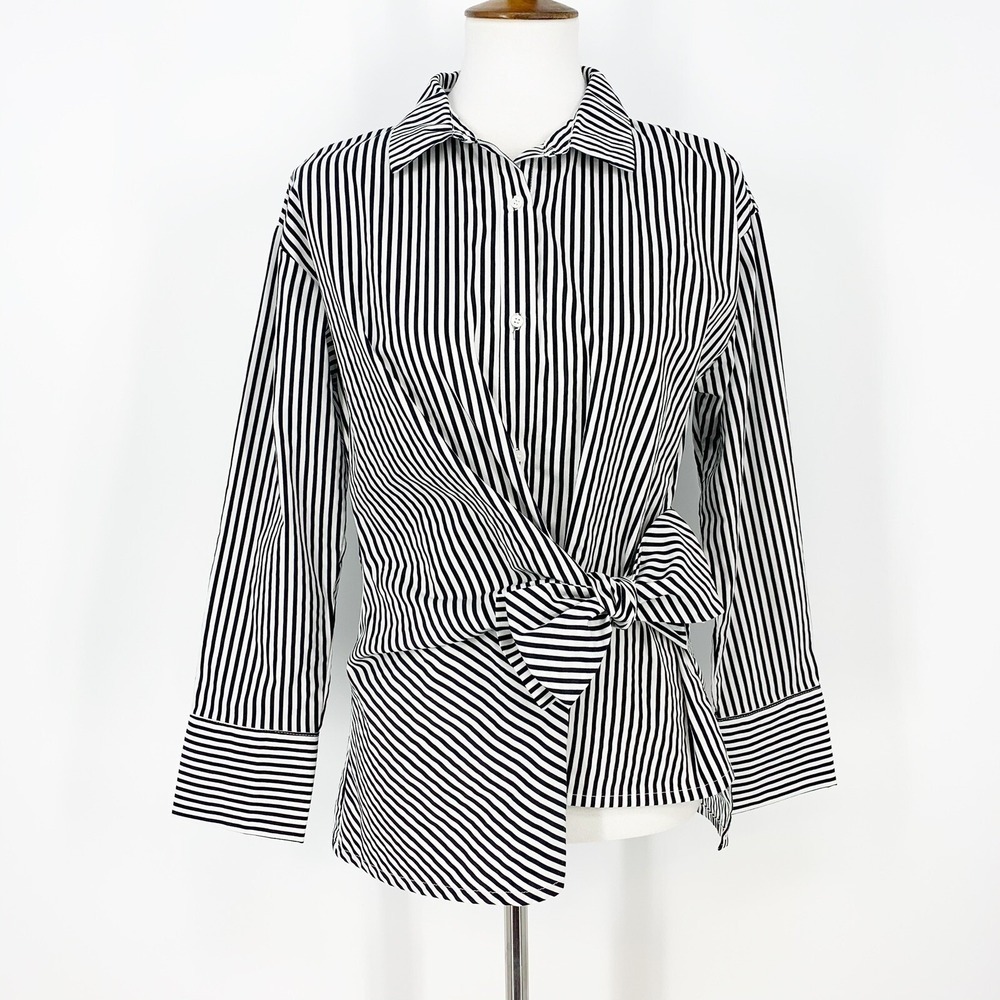 Kensie Striped Shirt Side Tie Knot Black White M Office Capsule Wardrobe Preppy
